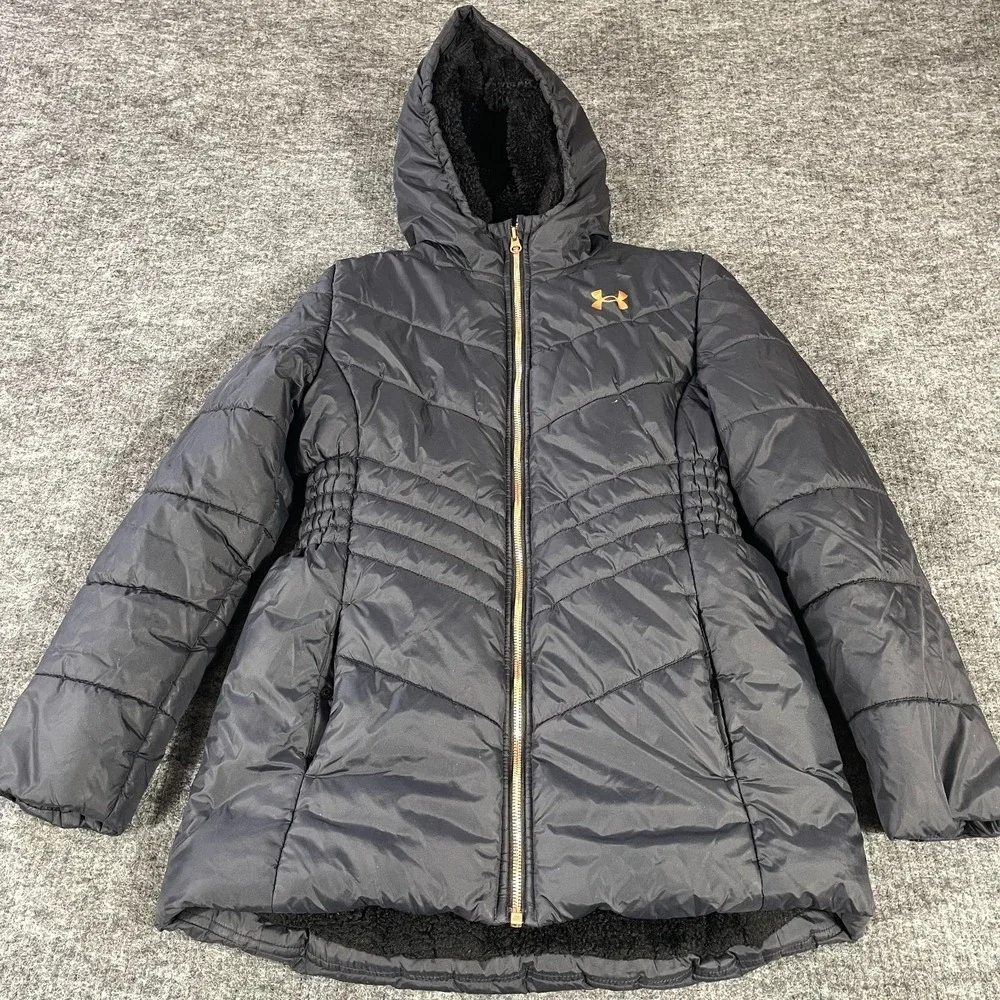 Under Armour Jacket Girls Extra Large Black Puffer Fleece Lined Hooded Sparkle